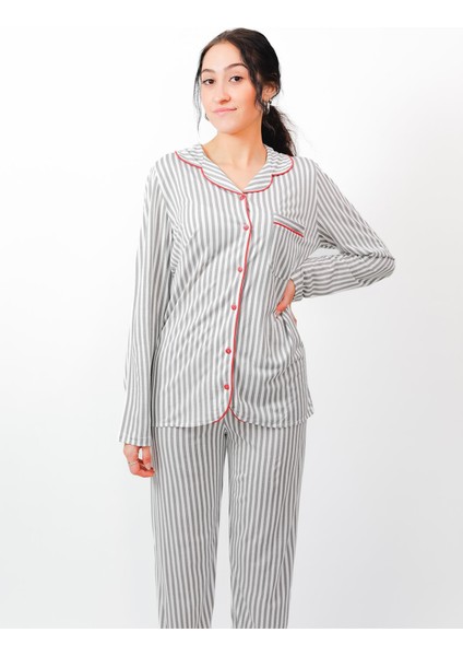 Kadın Gömlek Yaka %100 Pamuk Çizgili Kırmızı Pijama Takımı 2444