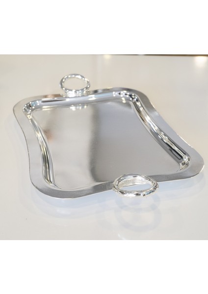 Gümüş Kaplama Tepsi Sunuma Özel Dikdörtgen Form Halka Detaylı Model (Tek kişilik boy)