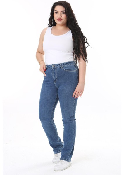 Kadın Büyük Beden Mavi Yüksek Bel Likralı 5 Cep Kot Pantolon 65N38119