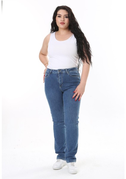 Kadın Büyük Beden Mavi Yüksek Bel Likralı 5 Cep Kot Pantolon 65N38119 fiyatları