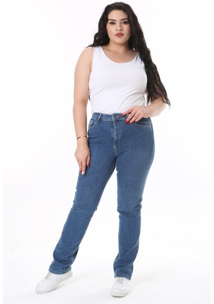 Kadın Büyük Beden Mavi Yüksek Bel Likralı 5 Cep Kot Pantolon 65N38119 modelleri