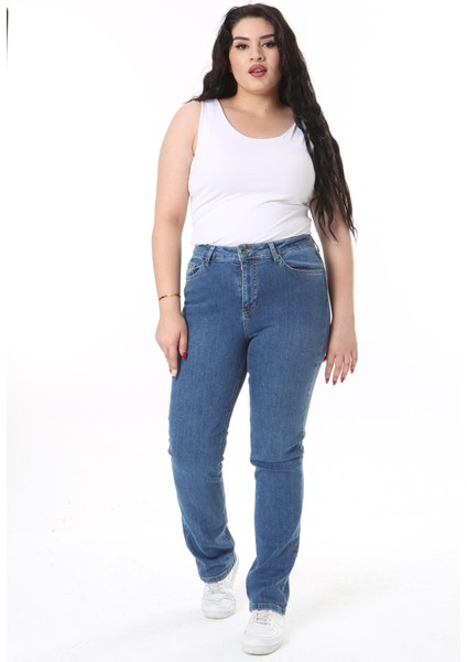 Kadın Büyük Beden Mavi Yüksek Bel Likralı 5 Cep Kot Pantolon 65N38119 fırsatları