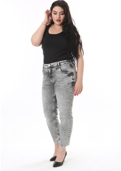 Kadın Büyük Beden Füme Yıkama Efektli Yüksek Bel Likralı 5 Cep Kot Pantolon 65N38122 fiyatları