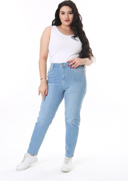 Kadın Büyük Beden Mavi Yüksek Bel Likralı 5 Cep Kot Pantolon 65N38121