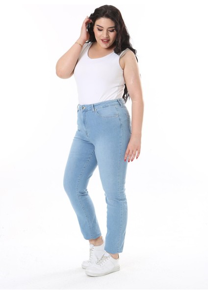 Kadın Büyük Beden Mavi Yüksek Bel 5 Cep Likralı Kot Pantolon 65N37747 fiyatları