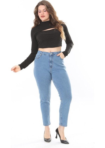 Kadın Büyük Beden Mavi Yüksek Bel Dar Paçalı Likralı Kot Pantolon 65N38098