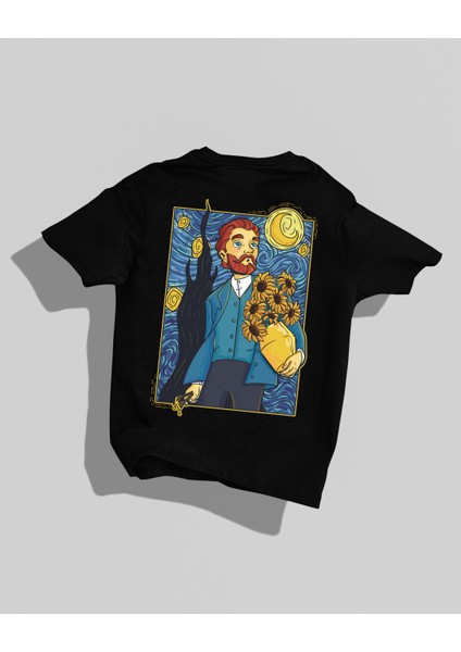 Van Gogh Yıldızlı Gece Tasarımı Sırt Baskılı Yüksek Kalite Kompakt Oversize T-Shirt