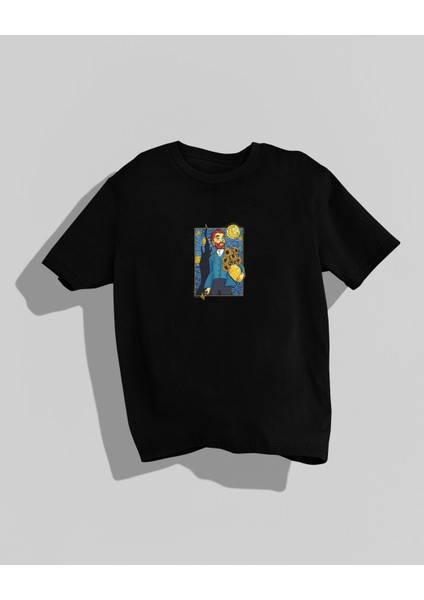 Van Gogh Yıldızlı Gece Tasarımı Sırt Baskılı Yüksek Kalite Kompakt Oversize T-Shirt