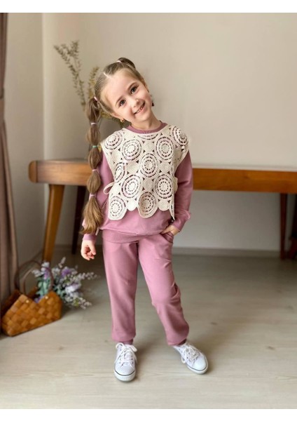 Triko Süeterli 3 Lü Kız Çocuk takım - Gül Kurusu