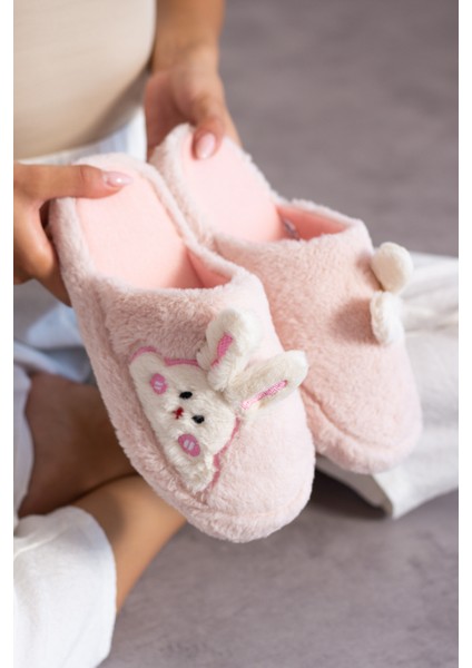 Kadın Tavşan Figürlü Sessiz Taban Peluş Pofuduk Ev Terliği Çeyiz Terliği