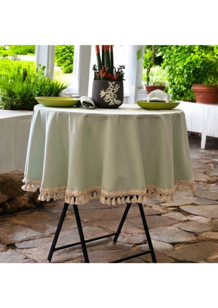 Premium Keten Adaçayı Yeşil Yuvarlak Ham Ponponlu Masa Örtüsü