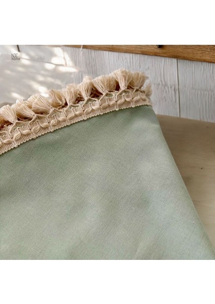 Premium Keten Adaçayı Yeşil Yuvarlak Ham Ponponlu Masa Örtüsü modelleri