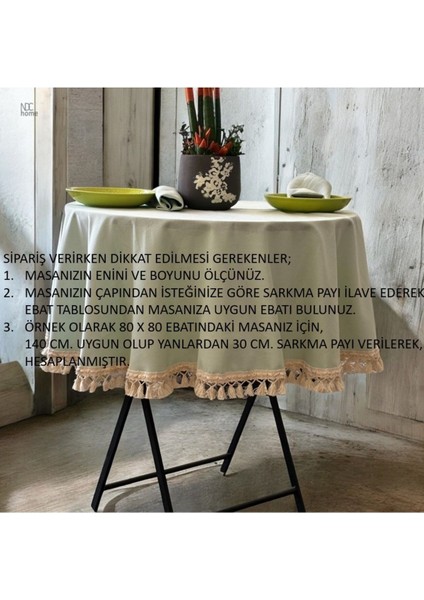 Premium Keten Adaçayı Yeşil Yuvarlak Ham Ponponlu Masa Örtüsü fırsatları