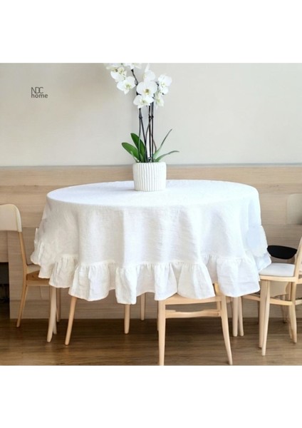 Premium Beyaz Keten Fırfırlı Yuvarlak Masa Örtüsü