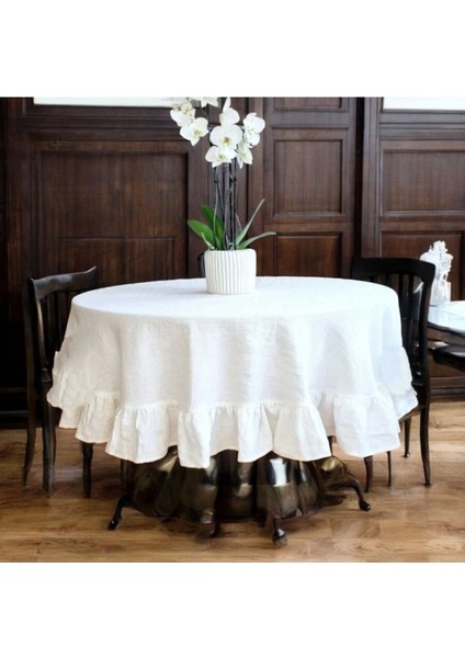 Premium Beyaz Keten Fırfırlı Yuvarlak Masa Örtüsü fiyatları