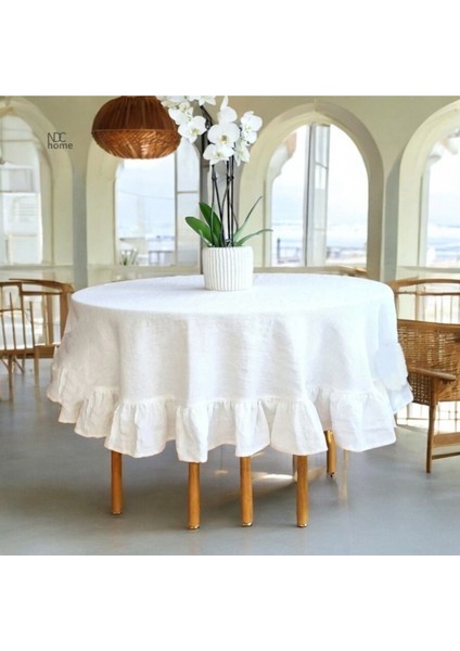 Premium Beyaz Keten Fırfırlı Yuvarlak Masa Örtüsü modelleri