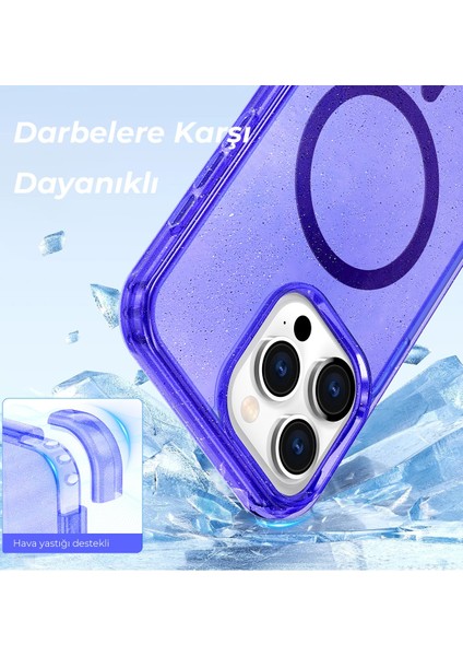 Apple iPhone 14 Pro Uyumlu Simli Magsafe Tasarımlı Full Korumalı Silikon Kılıf - Mor