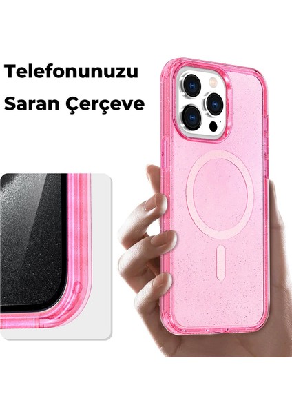Apple iPhone 14 Pro Uyumlu Simli Magsafe Tasarımlı Full Korumalı Silikon Kılıf - Mor