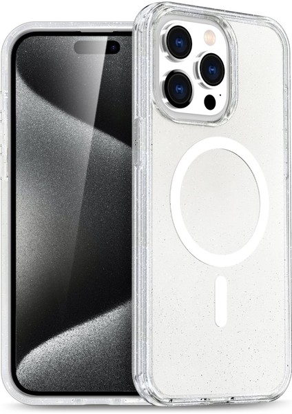 Apple iPhone 14 Pro Uyumlu Simli Magsafe Tasarımlı Full Korumalı Silikon Kılıf - Şeffaf