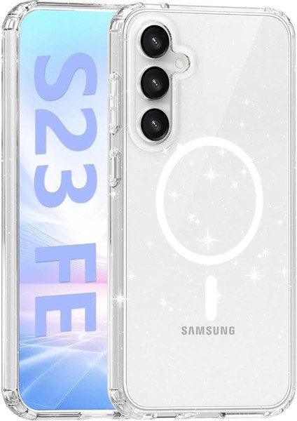 Samsung Galaxy S23 Fe Uyumlu Simli Magsafe Tasarımlı Full Korumalı Silikon Kılıf - Şeffaf