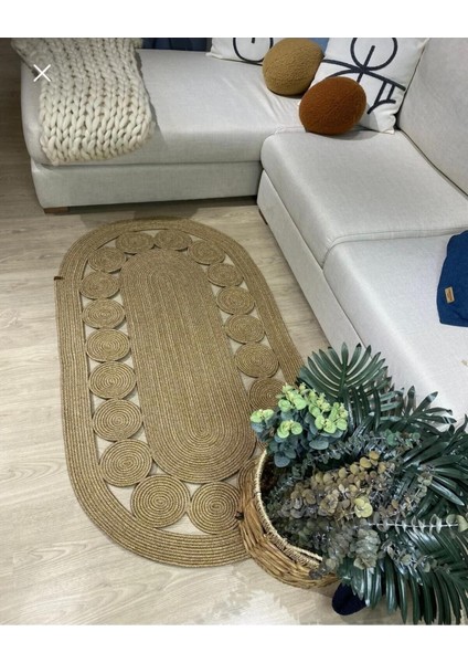 Jüt Hasır El Örgüsü Halı Kilim Yıkanabilir Çift Taraflı Oval