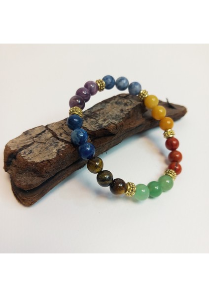 Doğal Taş Kadın Erkek Çakra Bileklik - 8mm Küre Kesim Kaplan Gözü, Sodalit, Aventurin, Lapis Lazuli, Kırmızı Jasper, Sitrin ve Ametist-Hediye Bileklik