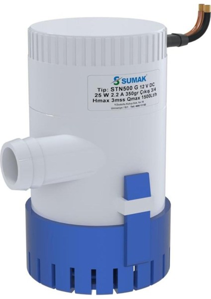 Sumak STN500G Sintine Dalgıç Pompa 3 Mss 1500 Litre/h 12 Volt -Manuel-