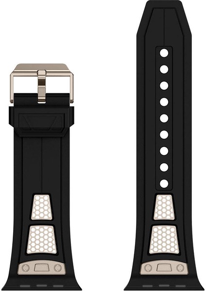 Apple Watch Uyumlu 44MM KRD-117 Hava Alabilen Delikli Metal Süslemeli Desenli Silikon Kordon-Titanyum- modelleri