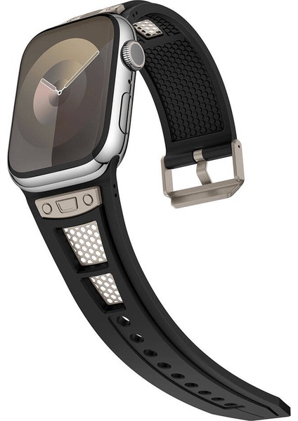 Apple Watch Uyumlu 44MM KRD-117 Hava Alabilen Delikli Metal Süslemeli Desenli Silikon Kordon-Titanyum- fırsatları