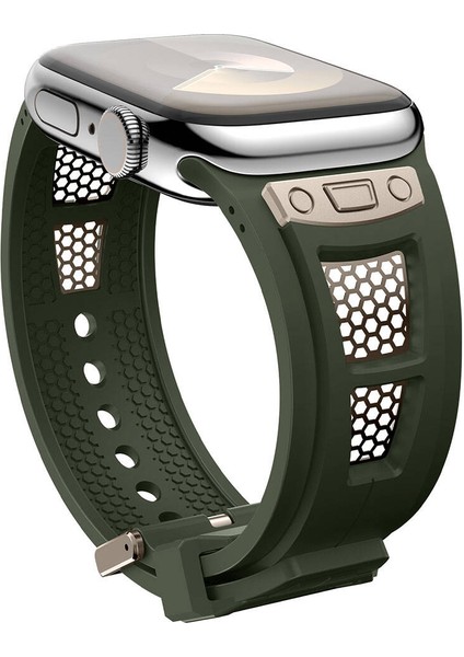 Apple Watch Uyumlu 44MM KRD-117 Hava Alabilen Delikli Metal Süslemeli Desenli Silikon Kordon-Titanyum- indirimleri