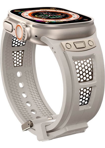 Apple Watch Uyumlu Ultra 49MM KRD-117 Hava Alabilen Delikli Metal Süslemeli Desenli Silikon Kordon-Tit indirimleri