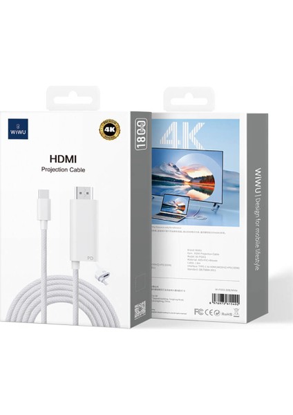 Type-C To HDMI (4K@60Hz) Kablo Wiwu WI-PS001 Pd Şarj ve Projeksiyon Kablosu 1.8m