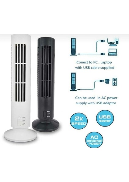 Ithalatçı Garantili Kule Tipi Masaüstü Mini USB Vantilatör Kademeli Klima Serinliği Siyah 2 Yıl Soğ