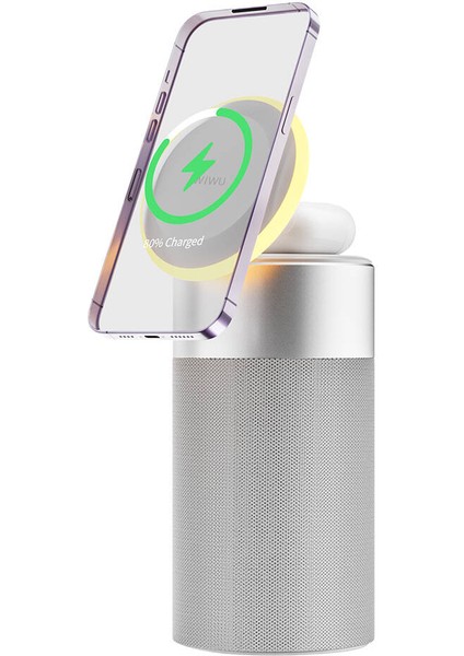 Ambiyans Işıklı Bluetooth Speaker Hoparlör Wiwu WI-W022 Kablosuz Şarj Özellikli Standlı Gümüş