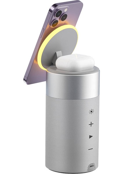 Ambiyans Işıklı Bluetooth Speaker Hoparlör Wiwu WI-W022 Kablosuz Şarj Özellikli Standlı Gümüş
