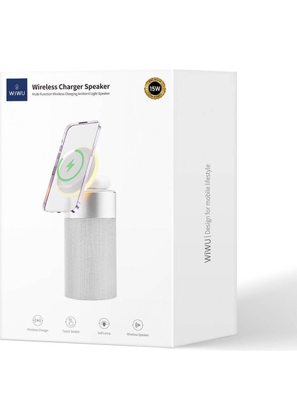 Ambiyans Işıklı Bluetooth Speaker Hoparlör Wiwu WI-W022 Kablosuz Şarj Özellikli Standlı Gümüş