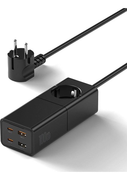 Akım Korumalı Priz Wiwu WI-S004 Gan Tech Type-C ve USB Portlu Uzatma Kablolu Priz 100W 150CM Siyah