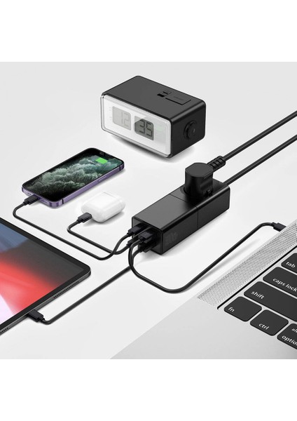 Akım Korumalı Priz Wiwu WI-S004 Gan Tech Type-C ve USB Portlu Uzatma Kablolu Priz 100W 150CM Siyah