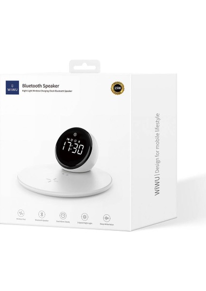 Bluetooth Speaker Hoparlör Wiwu WI-W017 Kablosuz Şarjlı Standlı Çift Alarmlı Dijital Saatli Beyaz