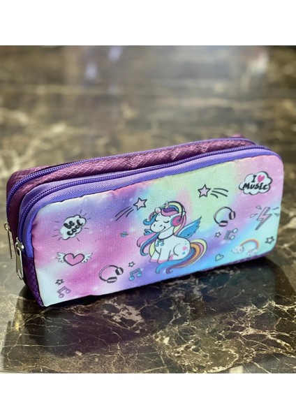 Unicorn Yıldız Desenli Iki Bölmeli Çocuk Okul Lila Mor Kız Kalemlik Kalem Kutusu 21 x 11 x 6 cm