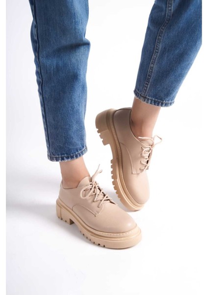 Bej Deri Kalın Taban Loafer Ayakkabı Kadın Günlük Ayakkabı Kadın Loafer
