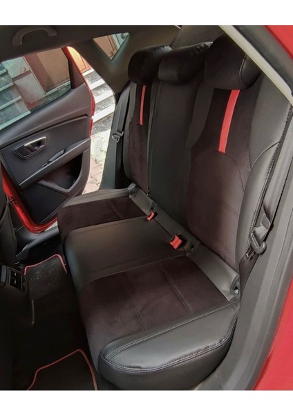 Seat Leon 2013 2020 Arası Uyumlu Arka Sırt 2+1 Siyah Taytüyü Siyah Deri Karışımı Kırmızı Detay