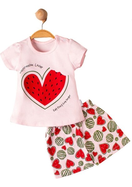 Kız Bebek Pembe Kırmızı Kalpli Karpuz Baskılı Şortlu 2'li Takım