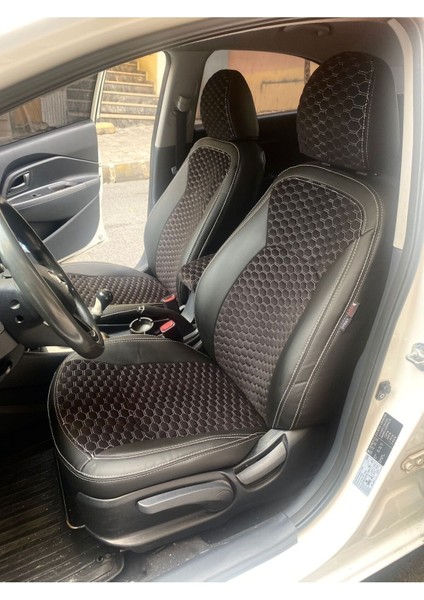 Kia Rio 2012 2016 Arası Uyumlu Arka Sırt 2+1 Beyaz Nakışlı Taytüyü Siyah Deri Karışımı Beyaz Ip