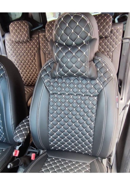 Doblo 2011 2022 Arası Uyumlu Arka Sırt Arka Oturma 2+1 Beyaz Nakışlı Deri Siyah Deri Karışımı