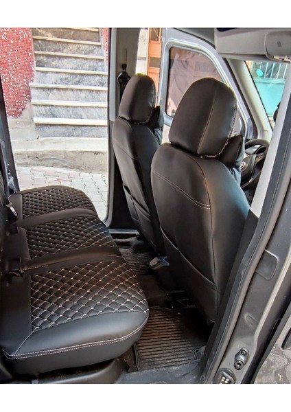 Doblo 2011 2022 Arası Uyumlu Arka Sırt Arka Oturma 2+1 Beyaz Nakışlı Deri Siyah Deri Karışımı modelleri