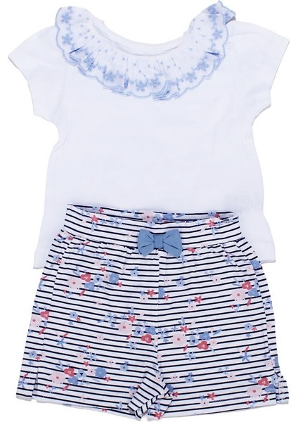 Kız Bebek Beyaz Laci Çiçek Desenli Yakası Fırfırlı Şortlu 2'li Takım
