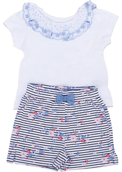 Kız Bebek Beyaz Laci Çiçek Desenli Yakası Fırfırlı Şortlu 2'li Takım modelleri