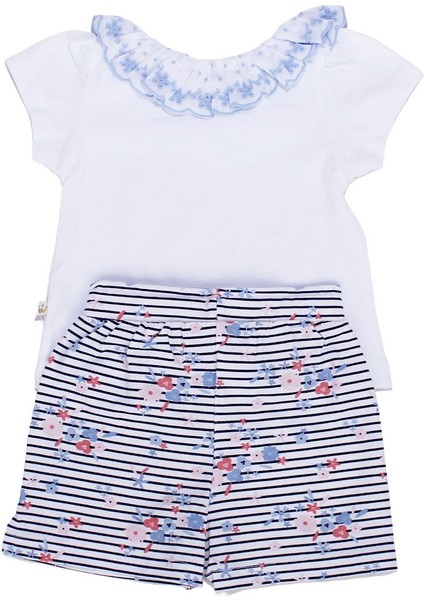 Kız Bebek Beyaz Laci Çiçek Desenli Yakası Fırfırlı Şortlu 2'li Takım fırsatları