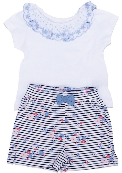 Kız Bebek Beyaz Laci Çiçek Desenli Yakası Fırfırlı Şortlu 2'li Takım indirimleri